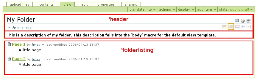 Esta imagen muestra las áreas generadas por el header, el cuerpo y macros folderlisting